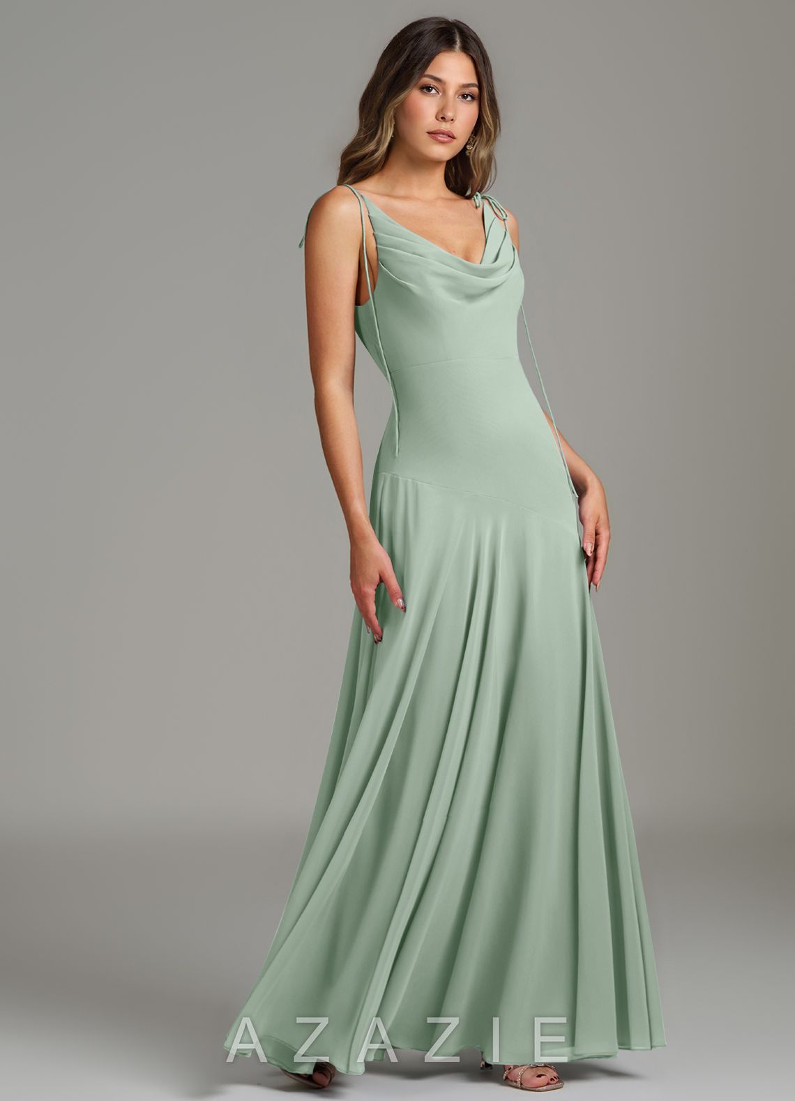 Azazie Dawn Agave Mermaid Pleated Chiffon Dress