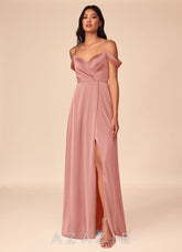 Azazie Ocean Rosette A-Line V-Neck Pleated Stretch Satin Dress