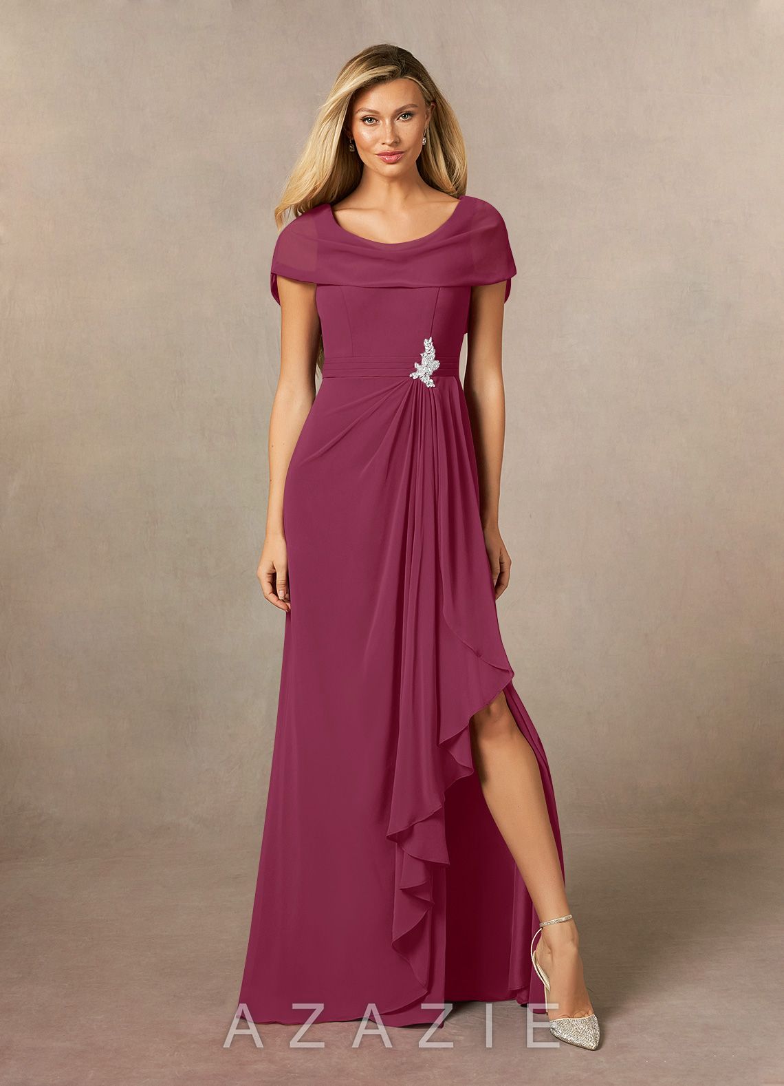 Azazie Mary Mulberry A-Line Side Slit Chiffon Dress