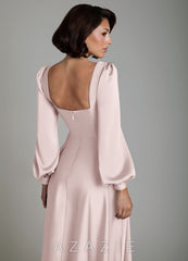 Azazie Solana Blushing Pink A-Line Long Sleeve Stretch Satin Dress blushing_pink