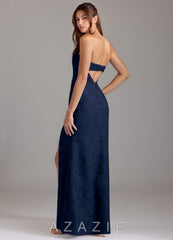 Azazie Leonis Dark Navy Sheath Strapless Floral Burnout Convertible Dress dark_navy