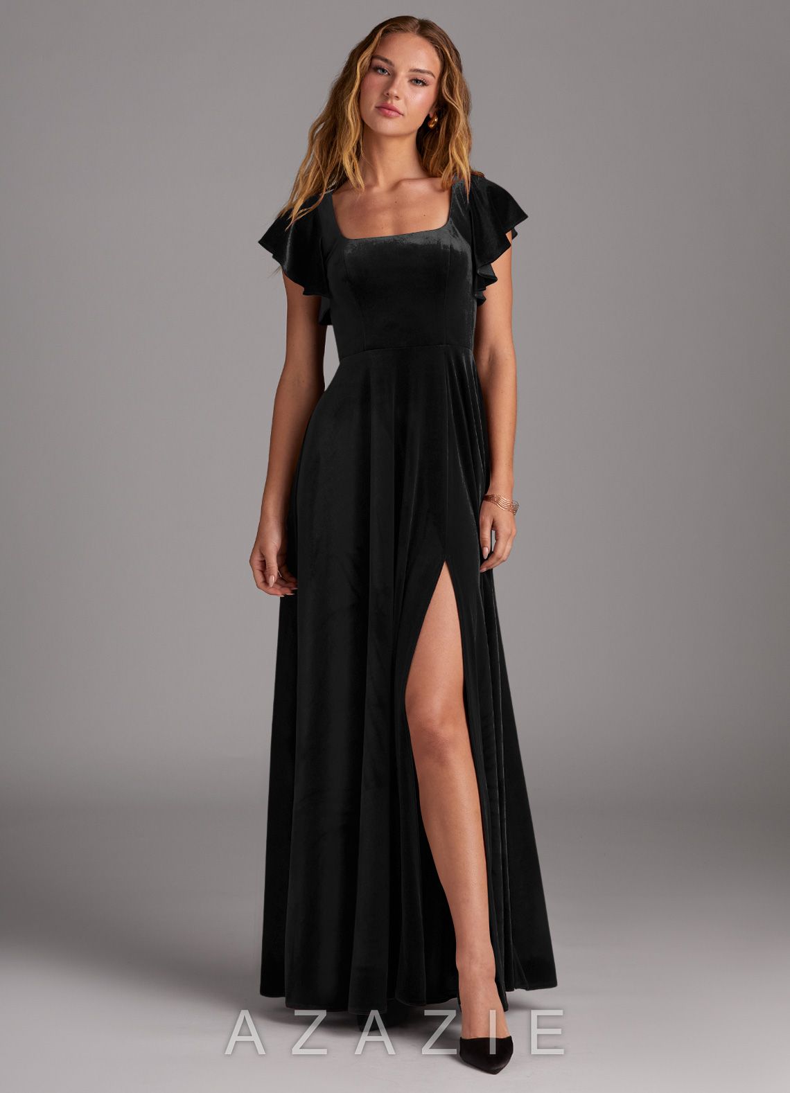 Azazie Bondi Black A-Line Side Slit Velvet Dress