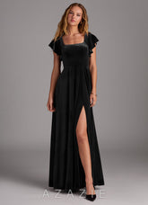 Azazie Bondi Black A-Line Side Slit Velvet Dress