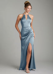 Azazie Aidyn Dusty Blue Sheath Pleated Stretch Satin Dress