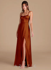 Azazie Halsey Auburn A-Line Side Slit Metallic Satin Dress auburn