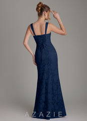 Azazie Agustina Dark Navy Mermaid Corset Floral Burnout Dress dark_navy