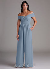 Azazie Lamara Dusty Blue Off the Shoulder Chiffon Convertible Jumpsuit