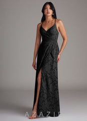 Azazie Davis Black A-Line Pleated Floral Burnout Dress