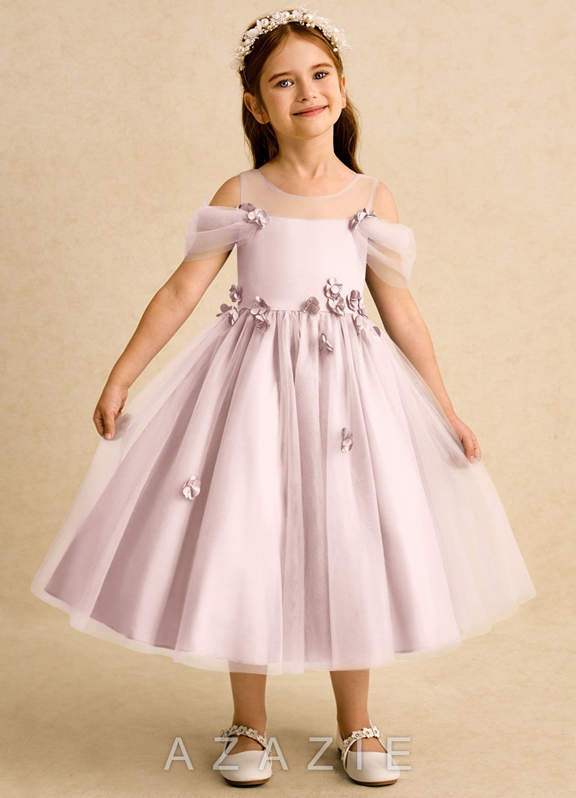 Azazie Juni Blushing Pink Ball-Gown Pleated Tulle Dress