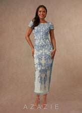 Azazie Alyssum Dusty Blue Sheath Scoop Lace Dress