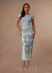 Azazie Alyssum Dusty Blue Sheath Scoop Lace Dress