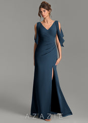 Azazie Ember Dark Navy Sheath Pleated Chiffon Dress dark_navy
