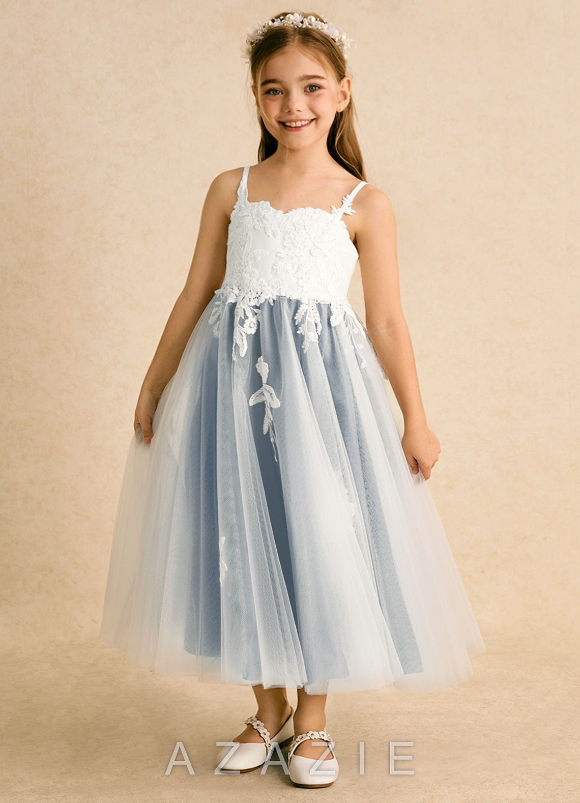 Azazie Coraline Ivory Dusty Blue A-Line Lace Dress