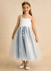 Azazie Coraline Ivory Dusty Blue A-Line Lace Dress