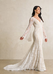 Azazie Hayes Wedding Dress Diamond White Champagne Mermaid V-Neck Lace Dress diamond_white/champagne