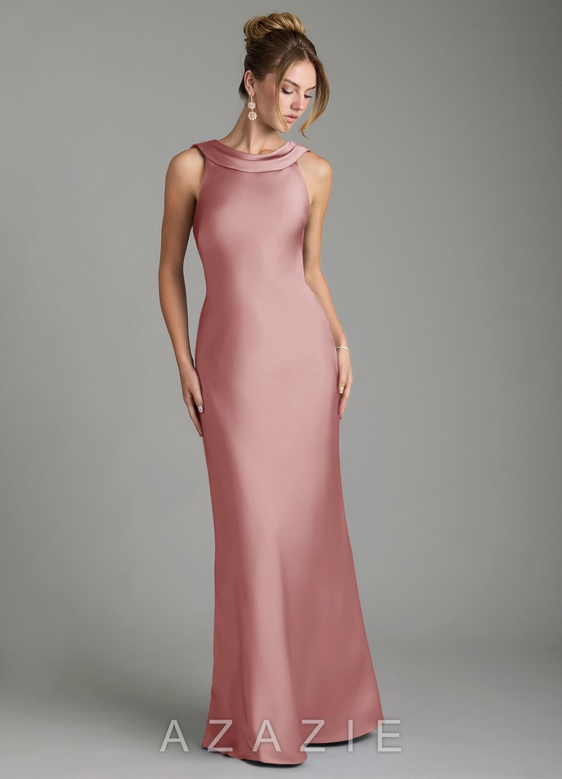 Azazie Aussie Dusty Rose Sheath Pleated Stretch Satin Dress