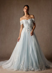 Azazie Rowe Wedding Dress Cloudy Blue Ball-Gown Off the Shoulder Tulle Dress