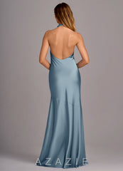 Azazie Lorena Dusty Blue Mermaid Pleated Stretch Satin Dress dusty_blue