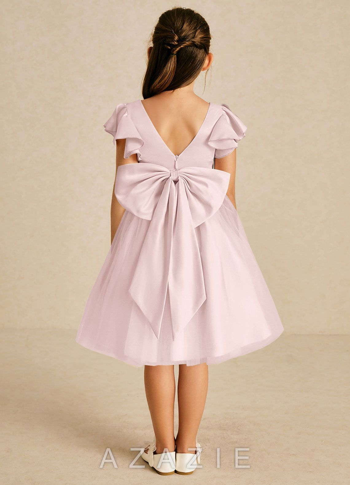 Azazie Kaeya Blushing Pink A-Line Bow Tulle Dress