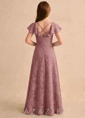 Azazie Narin Girls Formal Dusty Rose A-Line with Sleeves Floral Burnout Dress dusty_rose
