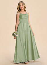 Azazie Gia Junior Dusty Sage A-Line Pleated Stretch Satin Dress