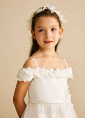 Azazie Patsie Ivory A-Line Off the Shoulder Tulle Dress ivory