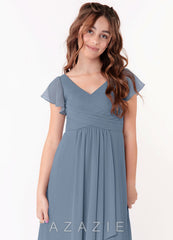 Azazie Omari Junior Dusty Blue A-Line Ruched Chiffon Dress dusty_blue