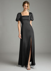 Azazie Fyona Black A-Line Pleated Stretch Satin Dress
