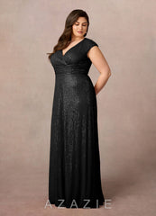 Azazie Sacramento Black A-Line Ruched Sequins Dress black