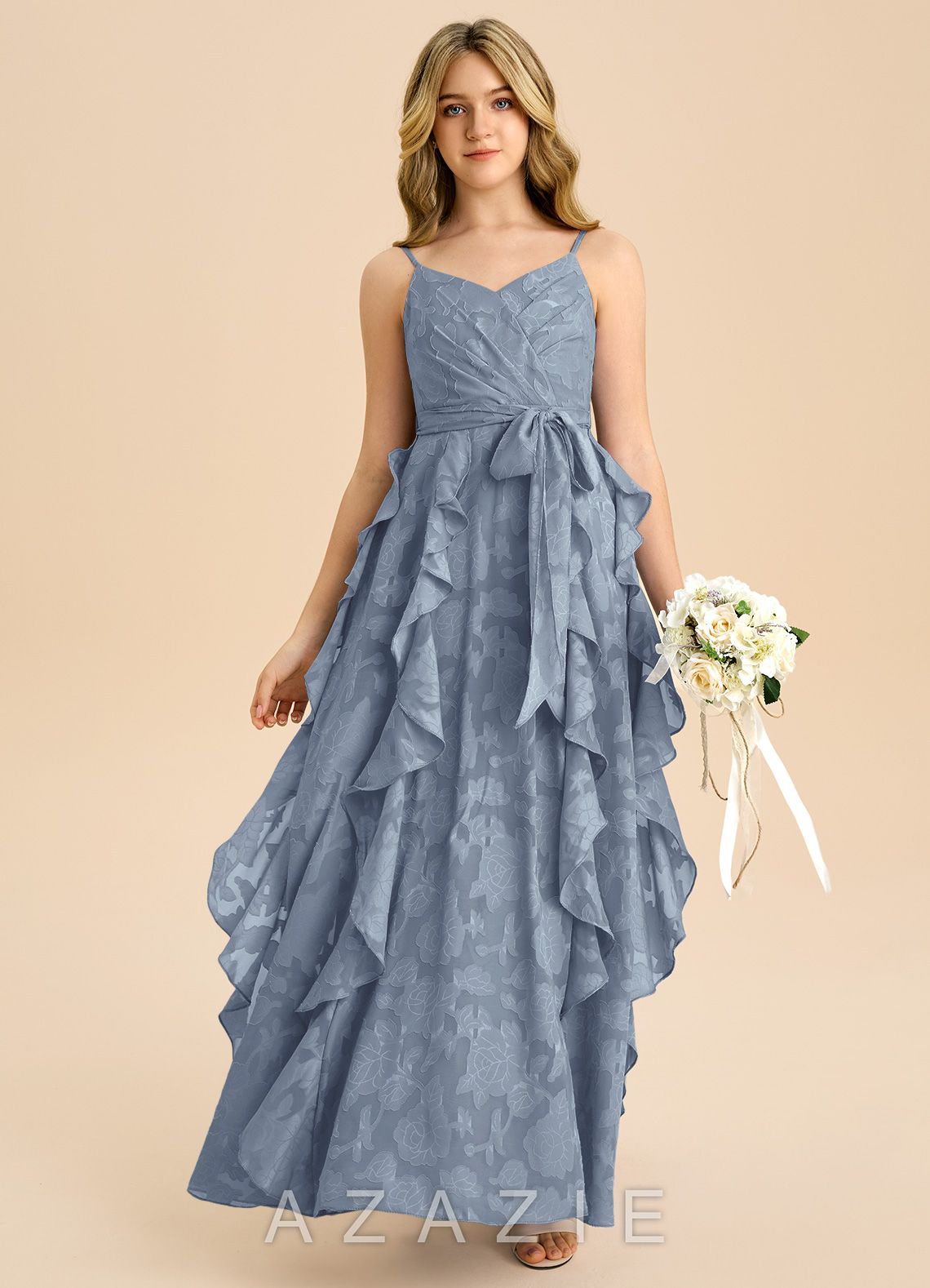 Azazie Peyton Junior Dusty Blue A-Line Pleated Floral Burnout Dress