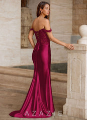 Linange Burgundy Embroidered Appliqué Satin Prom Dress