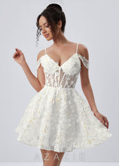 Kaelaniora White Sequin Embroidery 3D Flowers Tulle Corset Mini Dress