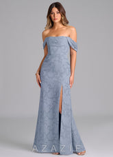 Azazie Saige Dusty Blue A-Line Off the Shoulder Floral Burnout Convertible Dress