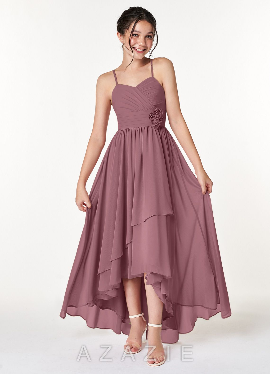 Azazie Catalina Junior Amethyst A-Line Ruched Chiffon Dress