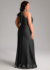 Azazie Doretta Black Mermaid Pleated Stretch Satin Dress black