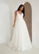 Azazie Glinda Wedding Dress Diamond White A-Line Sequins Matte Satin Dress