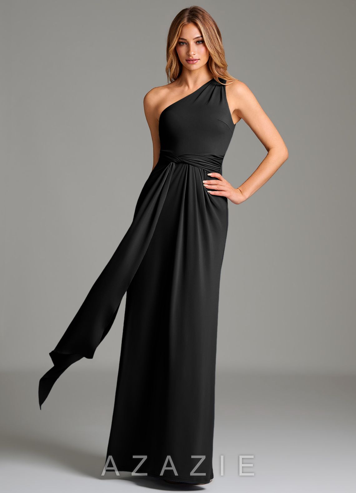 Azazie Taina Black A-Line One Shoulder Premium Stretch Jersey Dress
