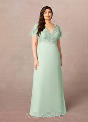 Azazie Singer Agave A-Line V-Neck Lace Chiffon Dress agave