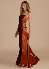 Azazie Marzia Auburn Mermaid Pleated Metallic Satin Dress auburn