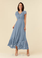 Azazie Palana Dusty Blue A-Line Lace Chiffon Dress
