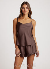 Satin Frilled Pajama Set ganache
