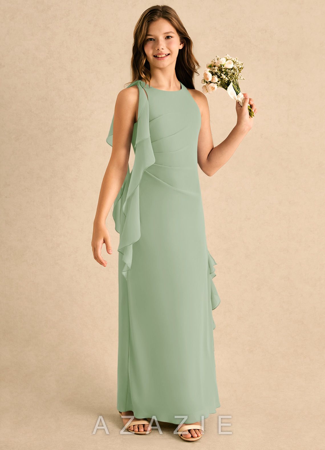 Azazie Manny Girls Formal Dusty Sage A-Line Pleated Chiffon Dress