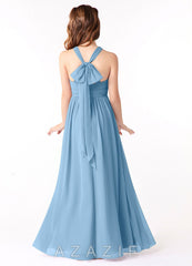 Azazie Jaylah Junior Steel Blue A-Line Ruched Chiffon Dress