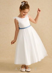 Azazie Amber Ivory Dusty Blue A-Line Bow Tulle Dress ivory/dusty_blue
