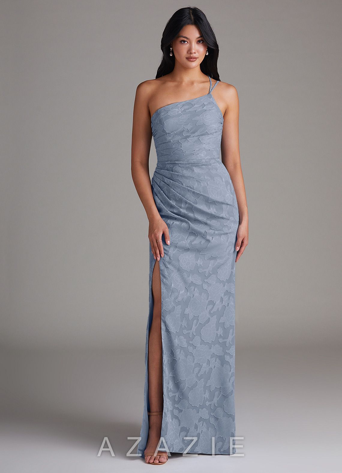 Azazie Eren Dusty Blue Sheath One Shoulder Floral Burnout Dress