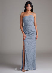 Azazie Eren Dusty Blue Sheath One Shoulder Floral Burnout Dress