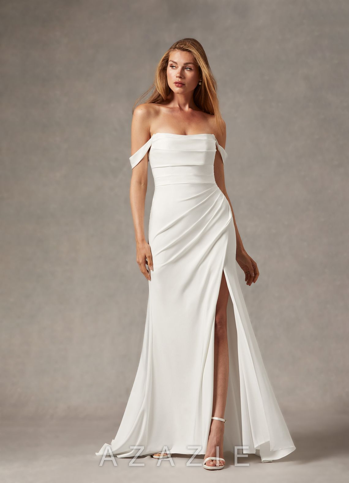 Azazie Moonlight Wedding Dress Diamond White Mermaid Scoop Pleated Crepe Back Satin Dress