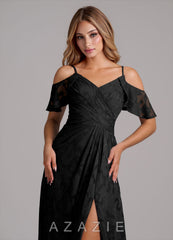 Azazie Dakota Black A-Line Off the Shoulder Floral Burnout Dress black