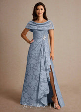 Azazie Branford Dusty Blue A-Line Pleated Floral Burnout Dress