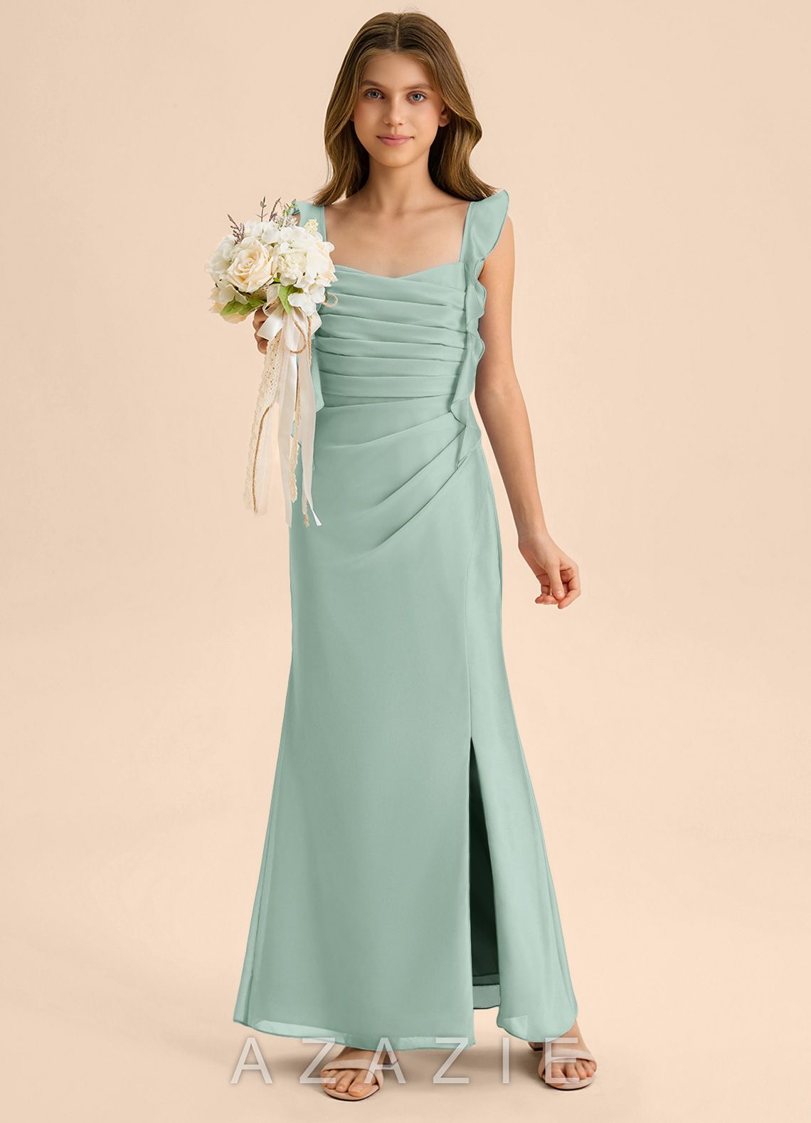 Azazie Jessamine Junior Agave Mermaid Sweetheart Neckline Chiffon Dress